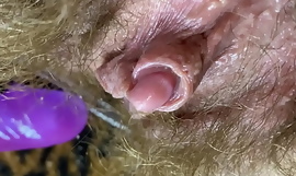 Bunny vibrator test mistreat POV closeup erected big clit wet withdraw from hairy pussy