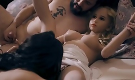 Threesome sexual connection with a teen and a silicone doll
