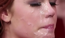 Nasty beauty gets cum shot on her face sucking all the jizm